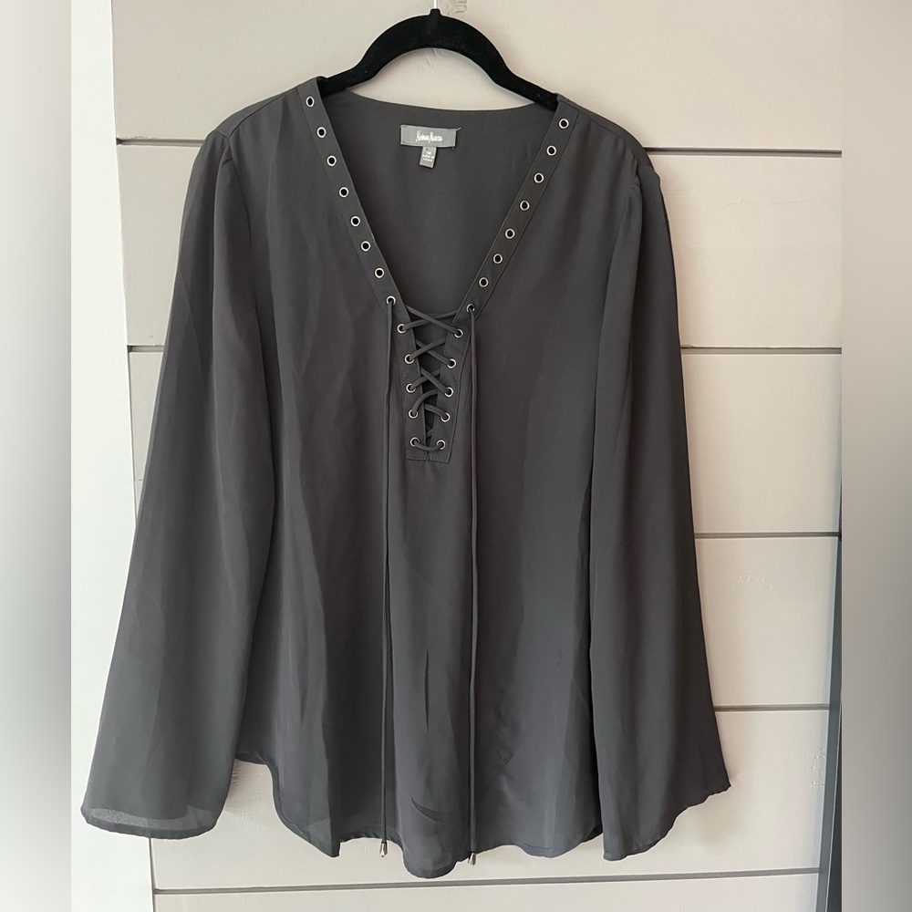 Neiman Marcus lace up front sheer gray‎ blouse with grommets size M EUC